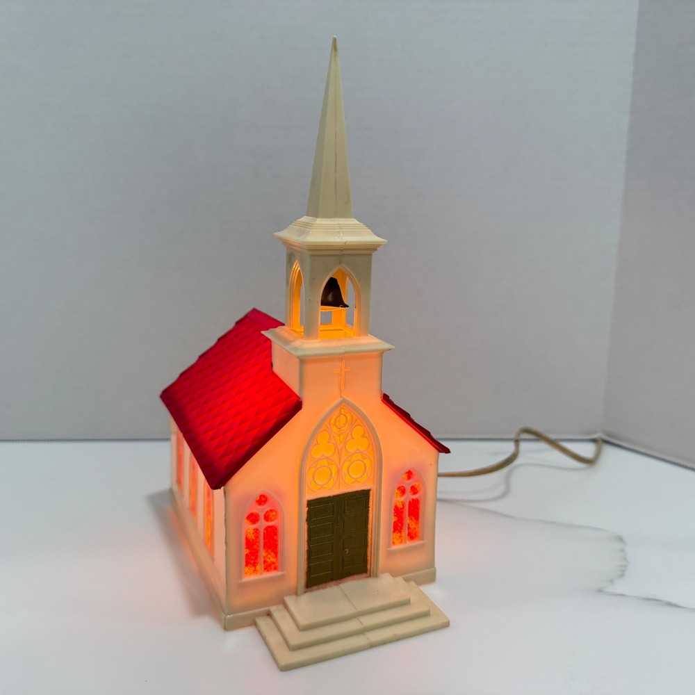 Vtg 1950s NOMA Lite 1515? Lighted Christmas Church Red Roof Stained Glass Bell